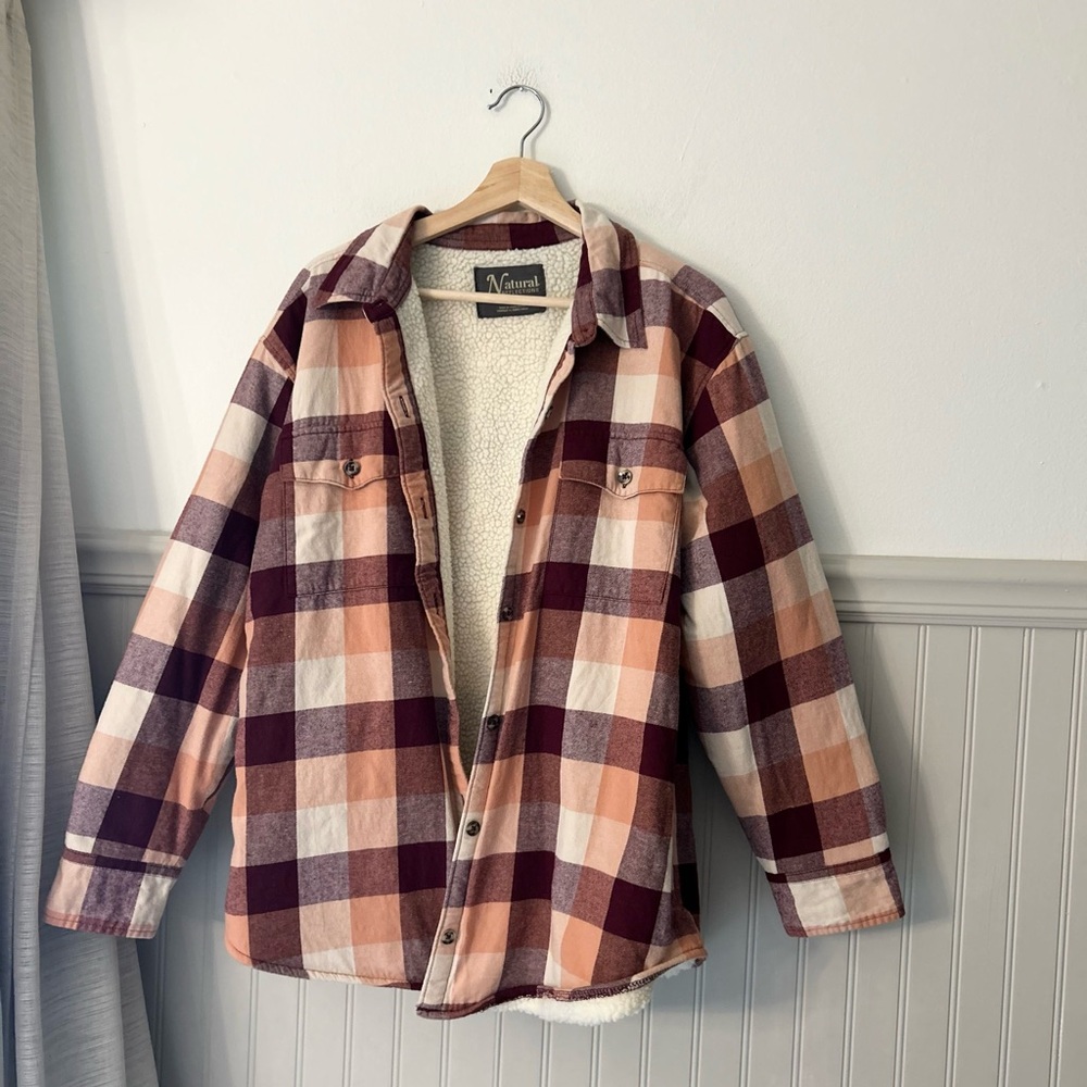Natural Reflections Large Sherpa Lined Plaid Jacket Burgundy Cream